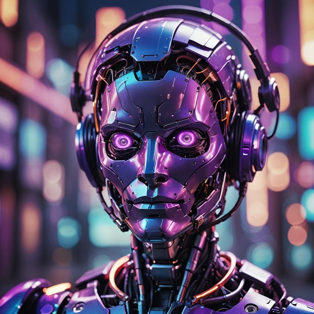 Futuristic Robot Portrait with Neon Lights in Urban Setting