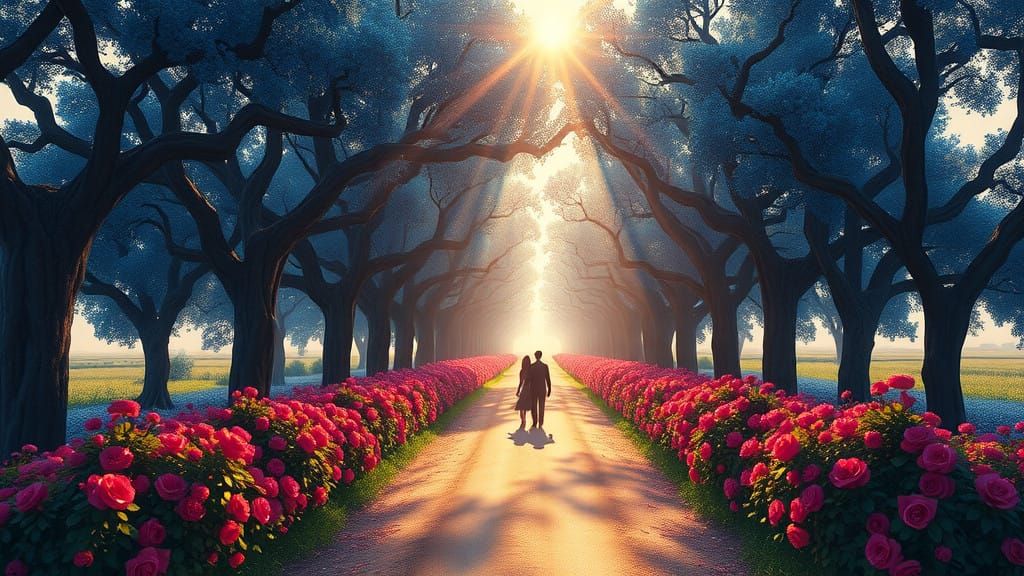 Serenity in Vibrant Blue Forests with Lovers' Silhouette