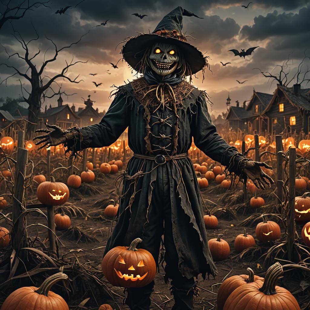 Haunted Scarecrow in a Dark Fantasy Pumpkin Patch