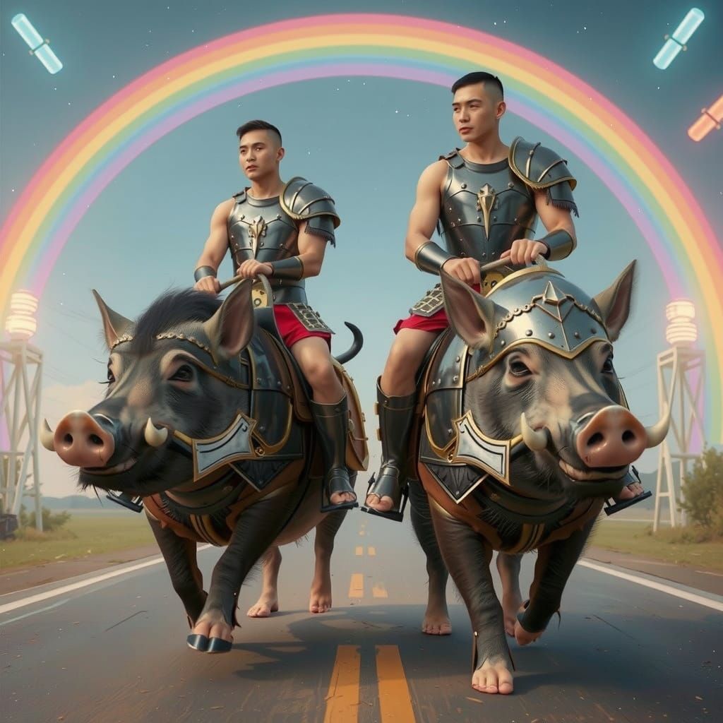 Pre-Raphaelite Warriors Ride Armored Boar