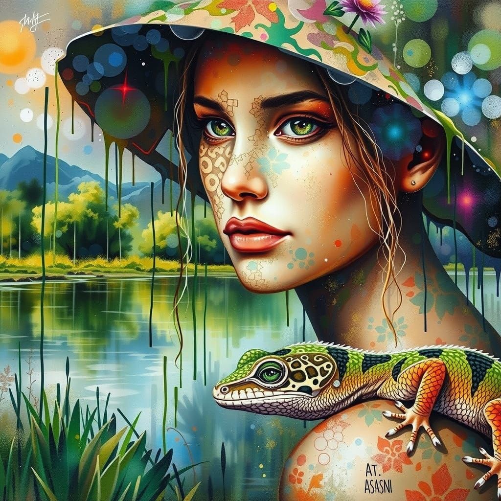 Vibrant Gecko on Mossy Branch in Superflat Style