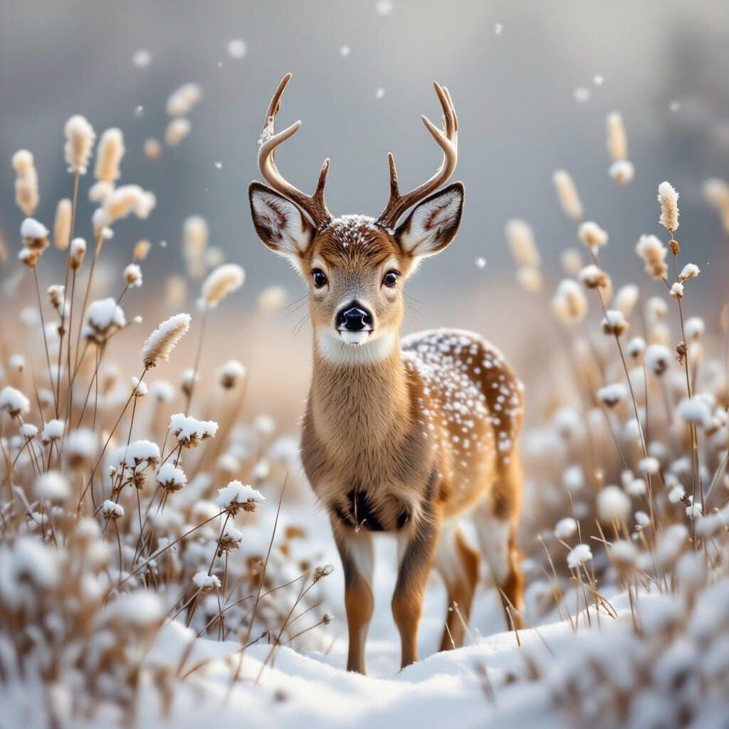 Realistic Deer in Serene Winter Landscape Painting