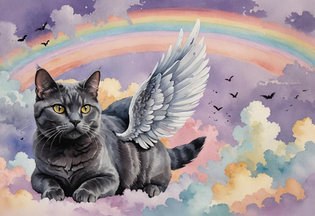 Russian Gray Cat with Angel Wings in Watercolor