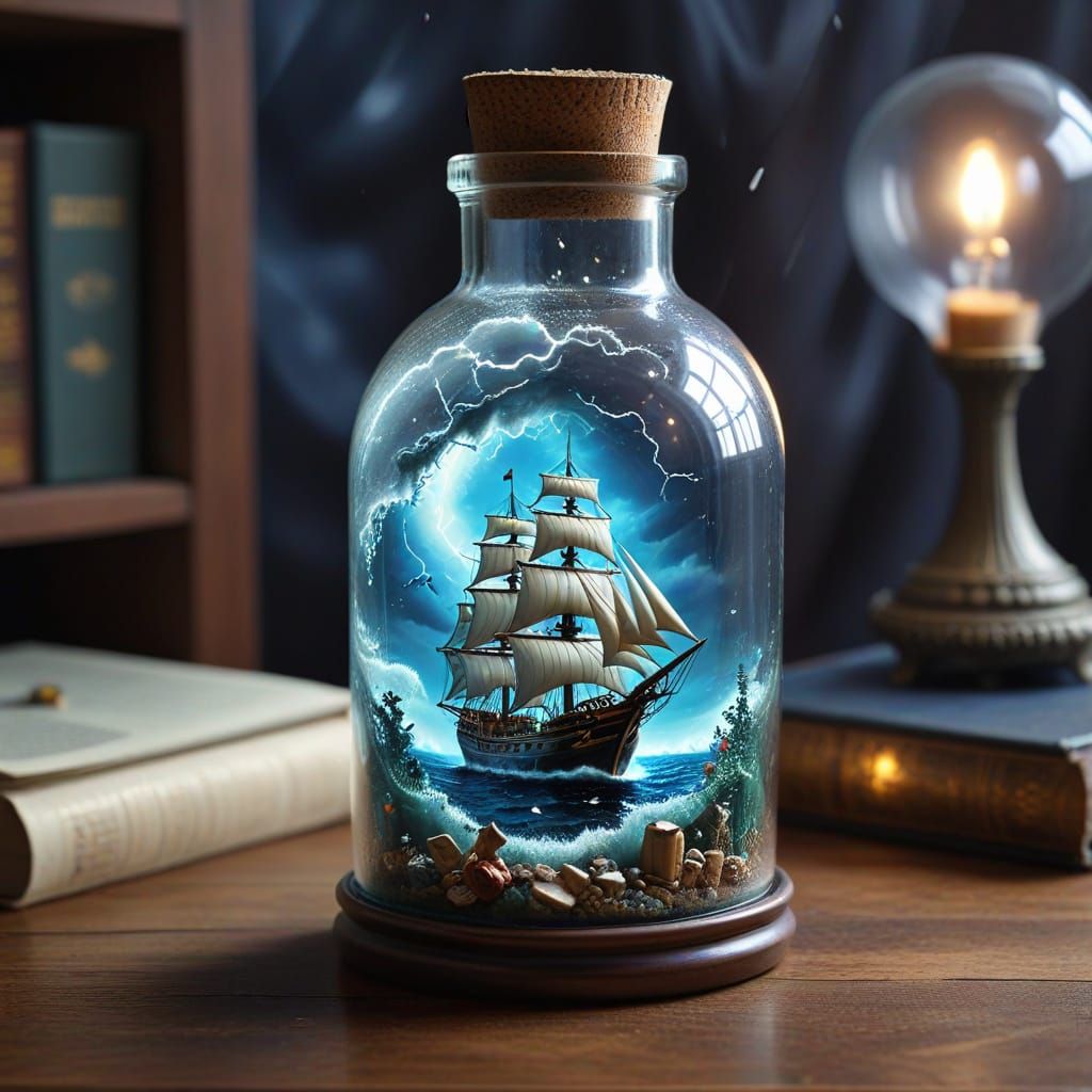 Surreal Scene of a Ship Trapped Inside a Mystical Bottle wit...