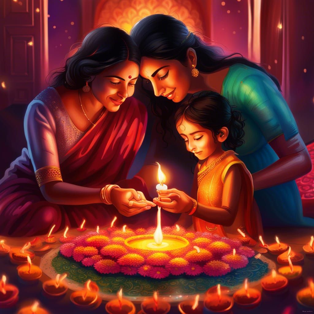 Diwali Festival Scene with Mother and Daughter