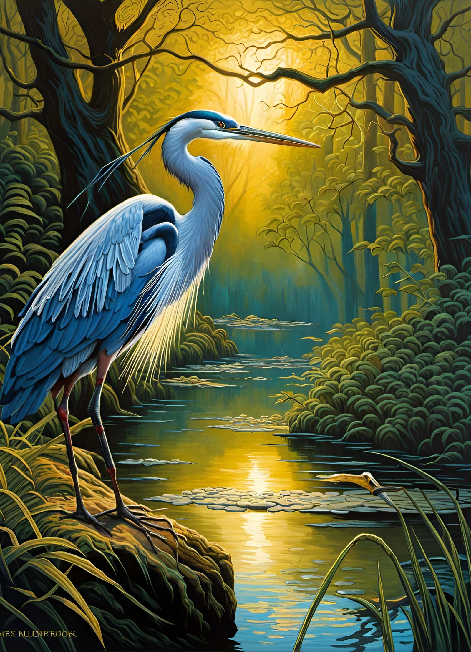Heron on Pond: Intricate Oil Painting in Comic Style