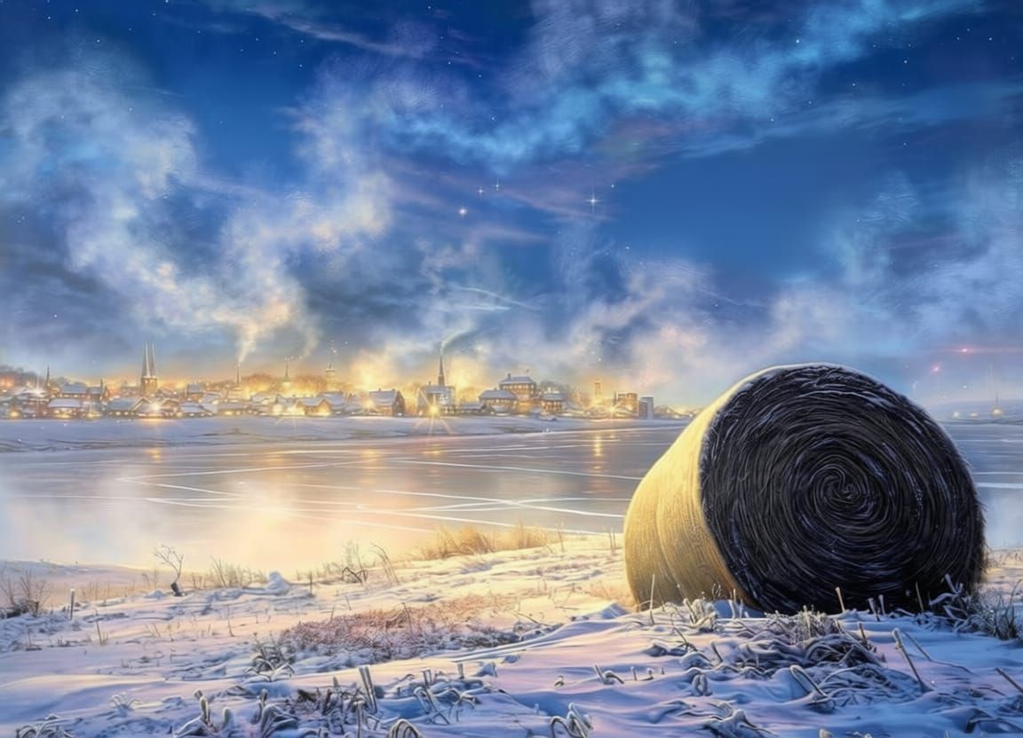 Ethereal Winter Hayfield with Distant Town Lights