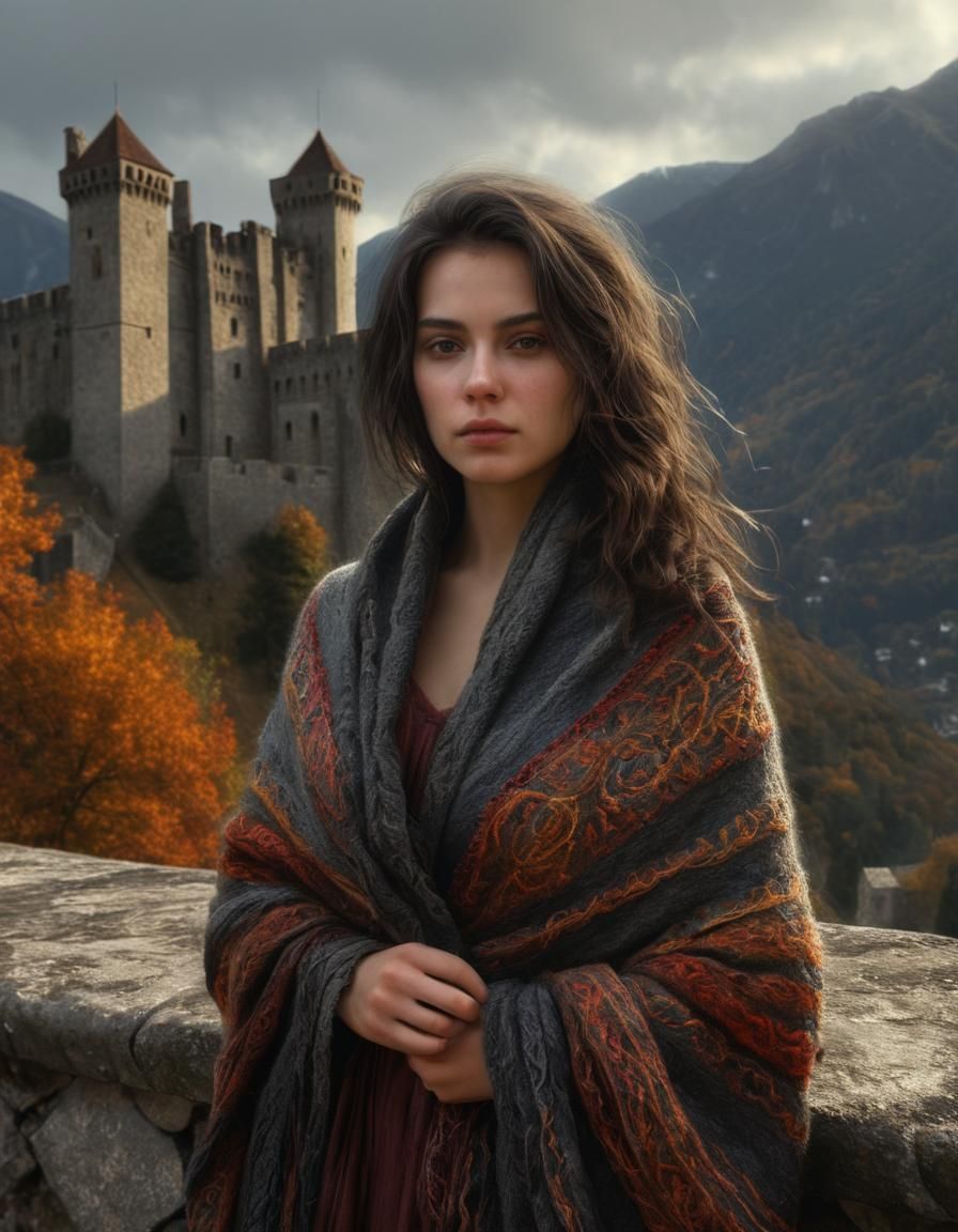 Renaissance Woman on Castle Battlements in Oil