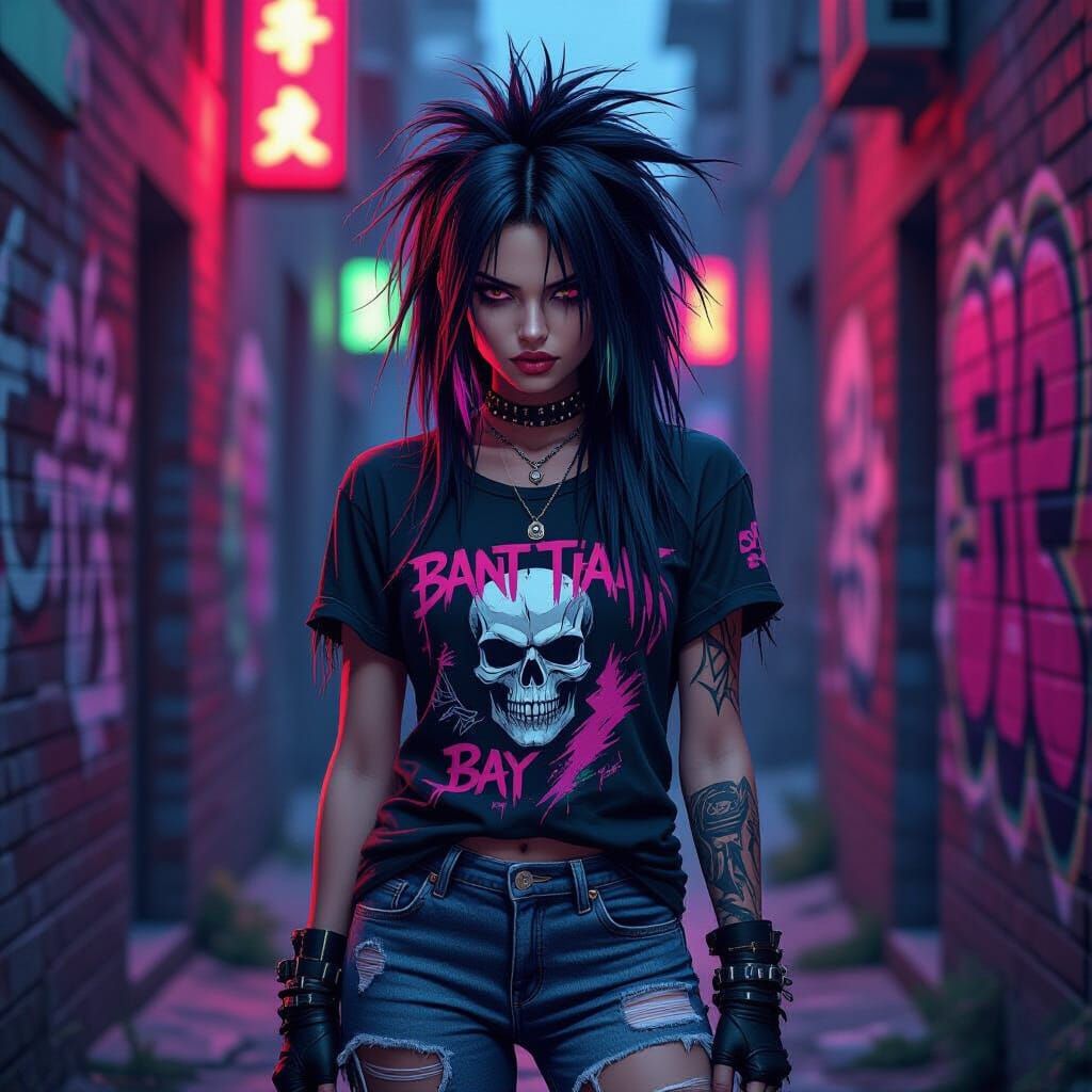 Punk Rock Girl in Neon Alleyway Graphic Novel Style