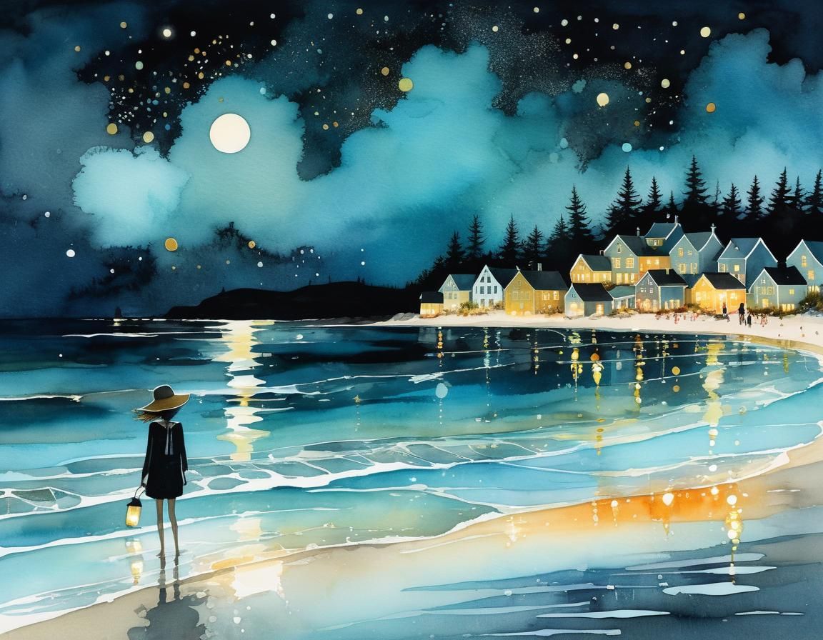 Magical Nighttime Beach Swim: Alcohol Ink Illustration