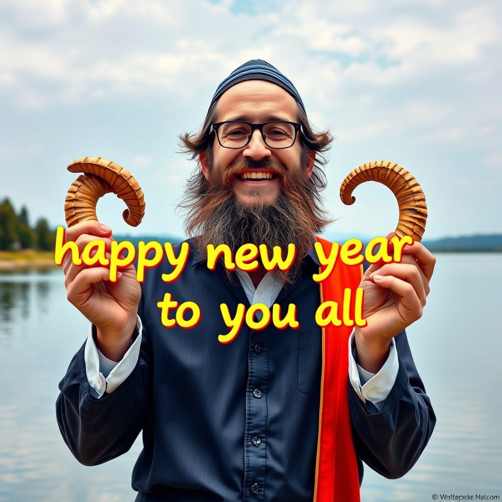 Joyful Jewish Man Blowing Shofar by Lake