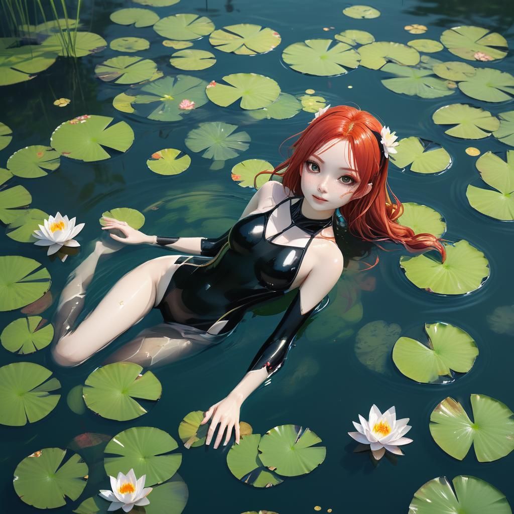 Redhead Anime Girl Swimming in Lily Lake