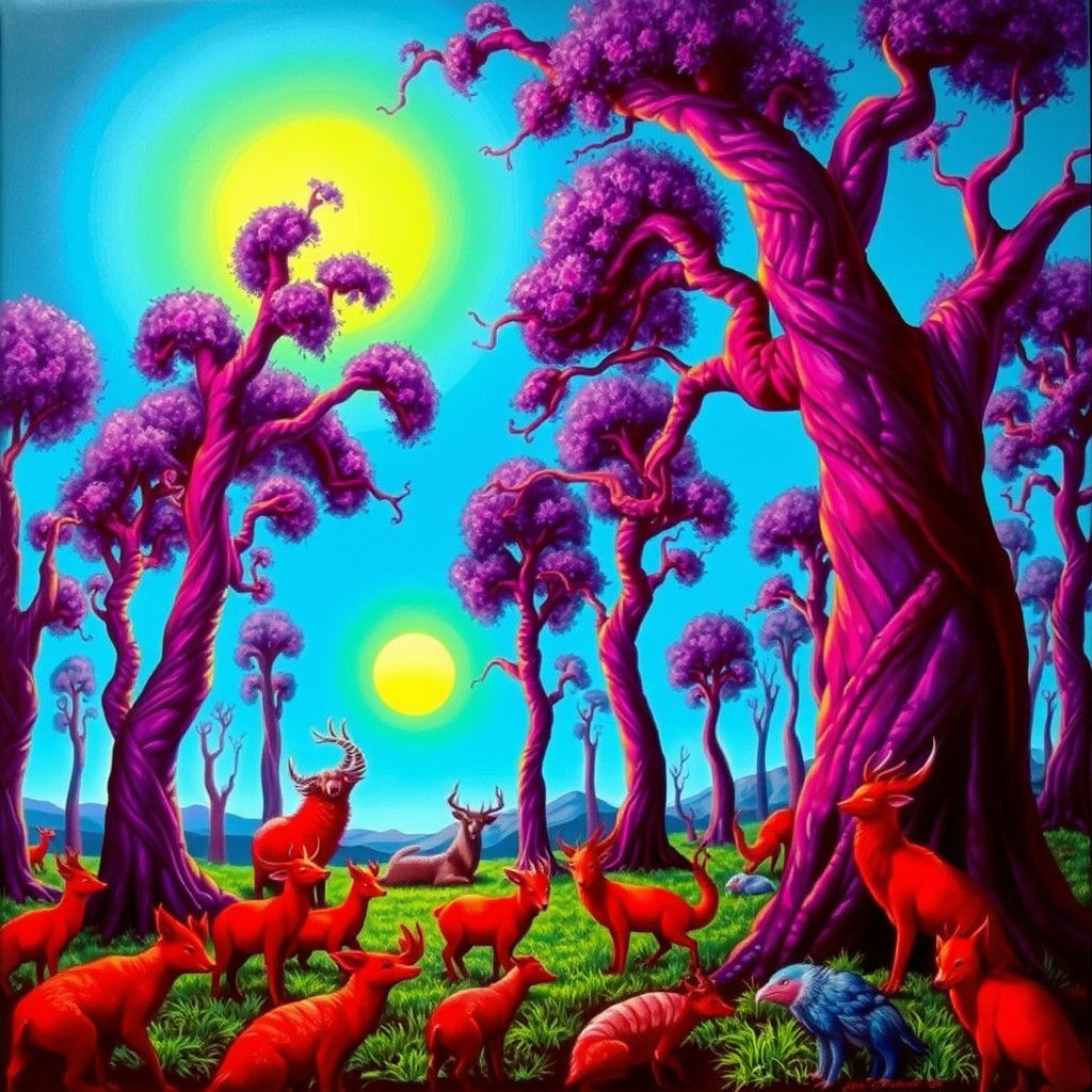Surreal Landscape with Green Sun and Purple Trees