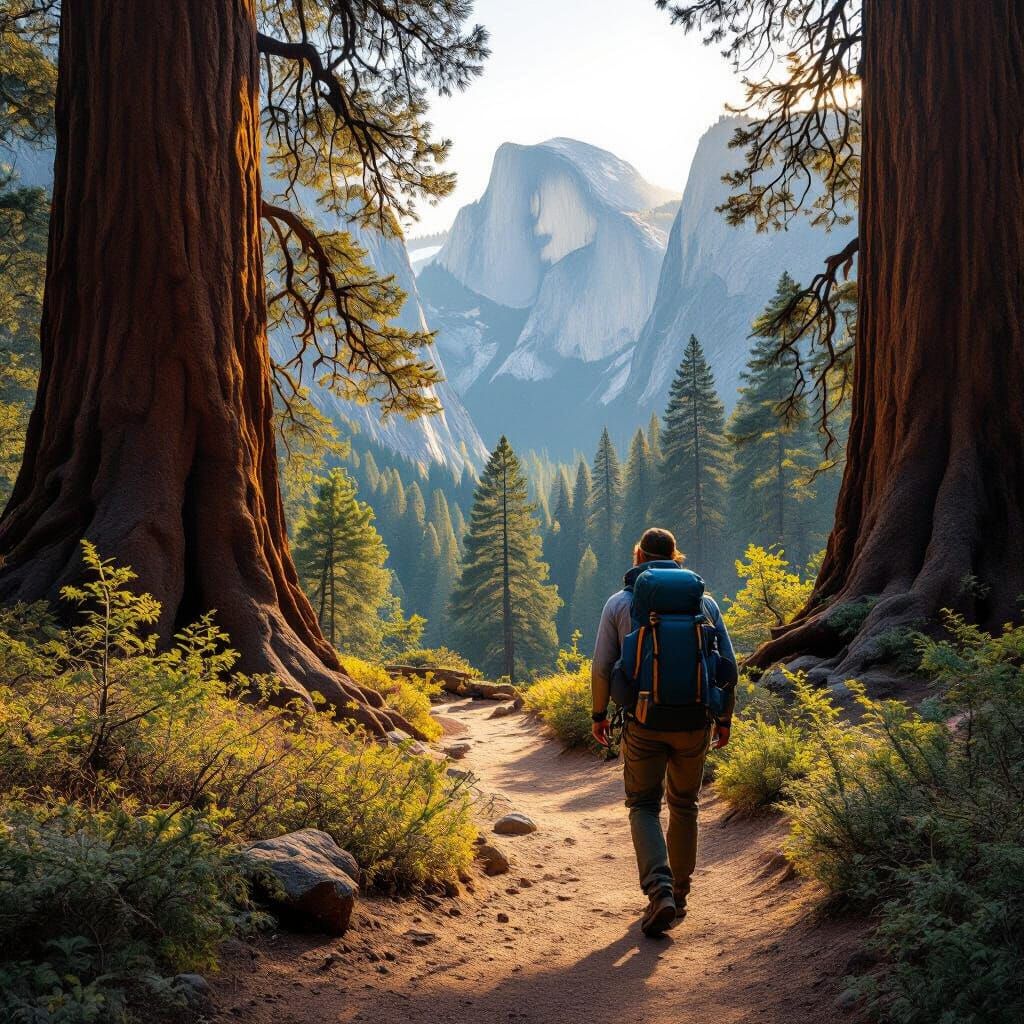 Yosemite Hiker Among Sequoias: Landscape Photography