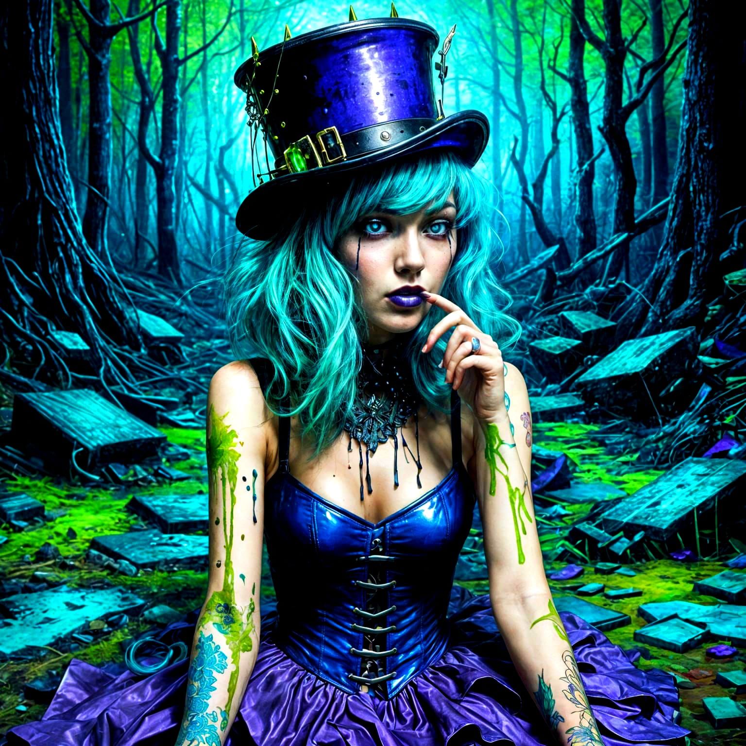 Surreal High-Fantasy Enchantress in Cyberpunk Attire