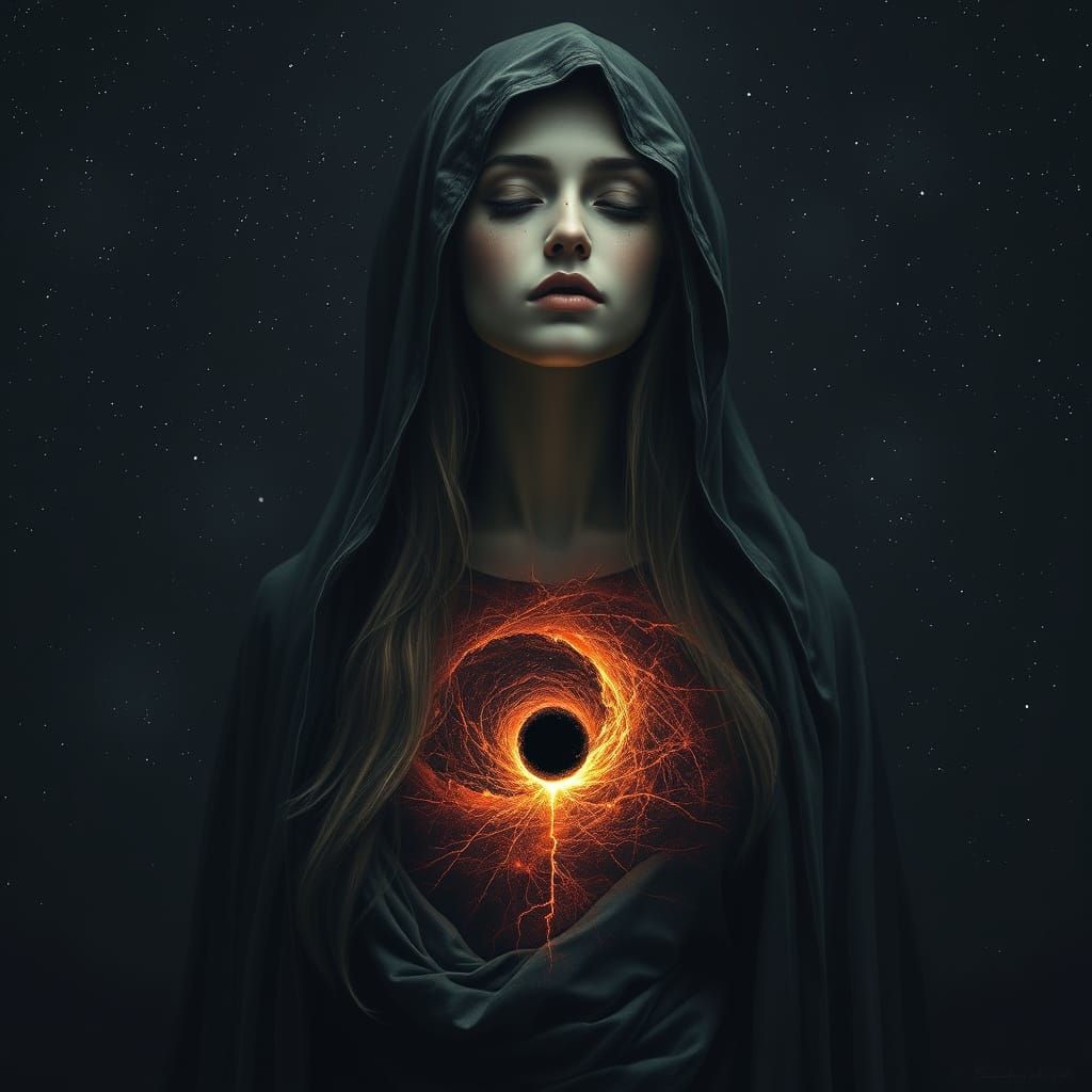 Surreal Woman with Black Hole Heart in Cosmic Horror Style