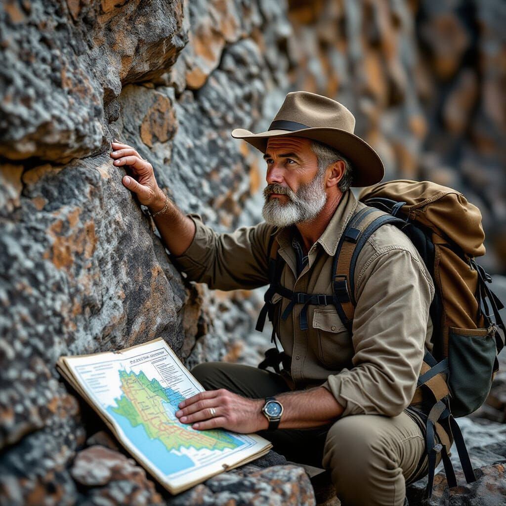 Italian Geologist Inspects Rock Wall, Photorealistic Style