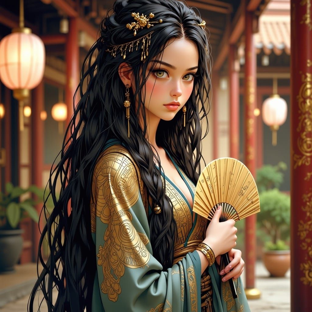 Golden Armored Noble in Palace Courtyard