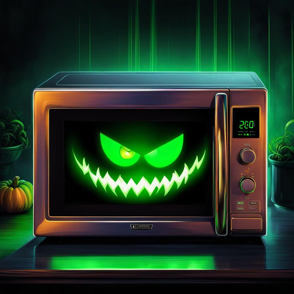 Spooky Microwave with Glowing Eyes: Watercolor Illustration