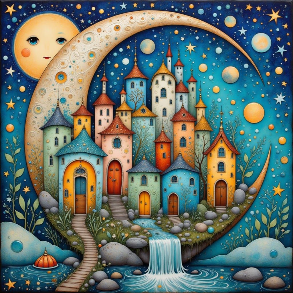 Moon Village Fantasy in Encaustic Style