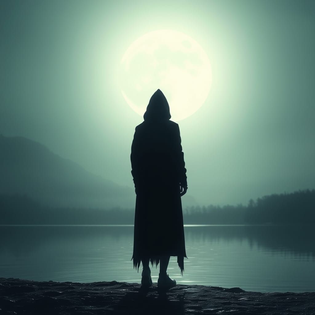 Moonlit Figure by a Lake: Digital Art
