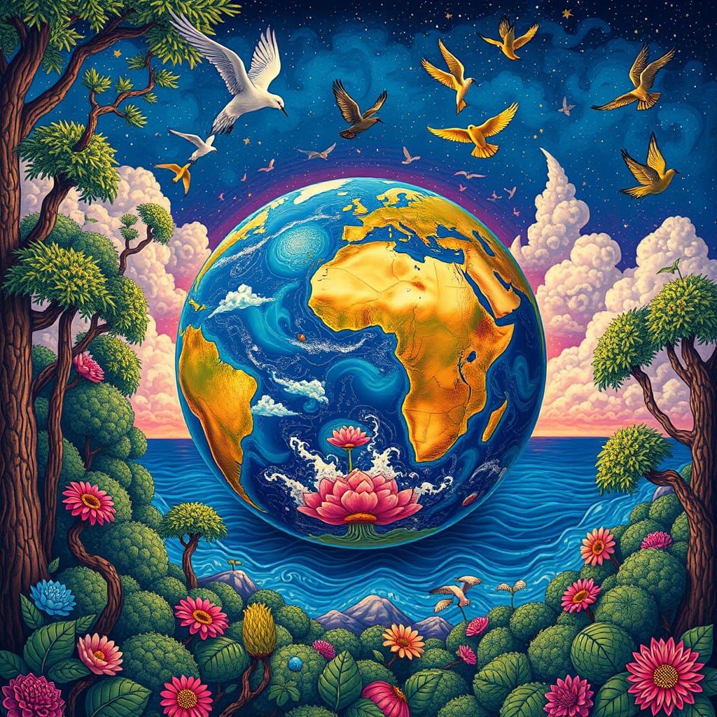 Earth Surrounded by Forest in Psychedelic Qajar Art