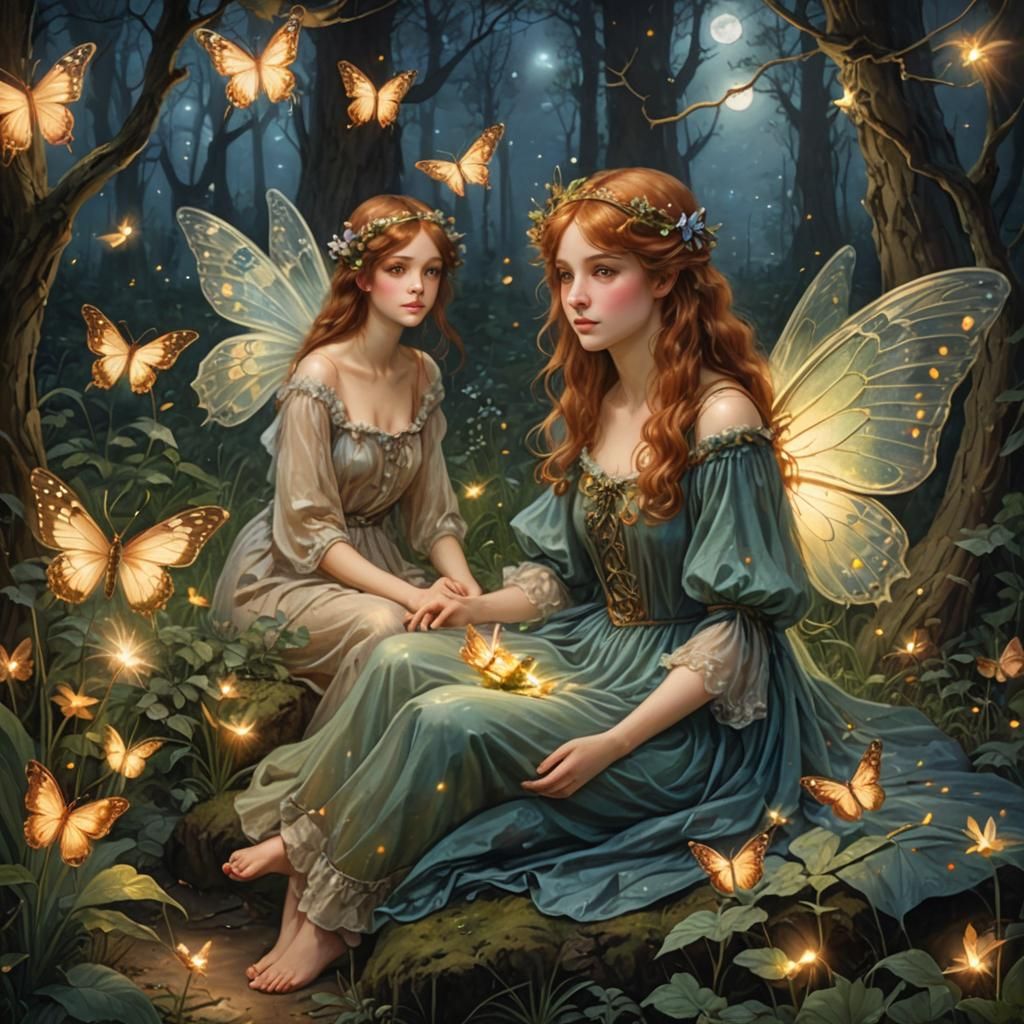 Fairies with Butterfly Wings in Moonlit Forest