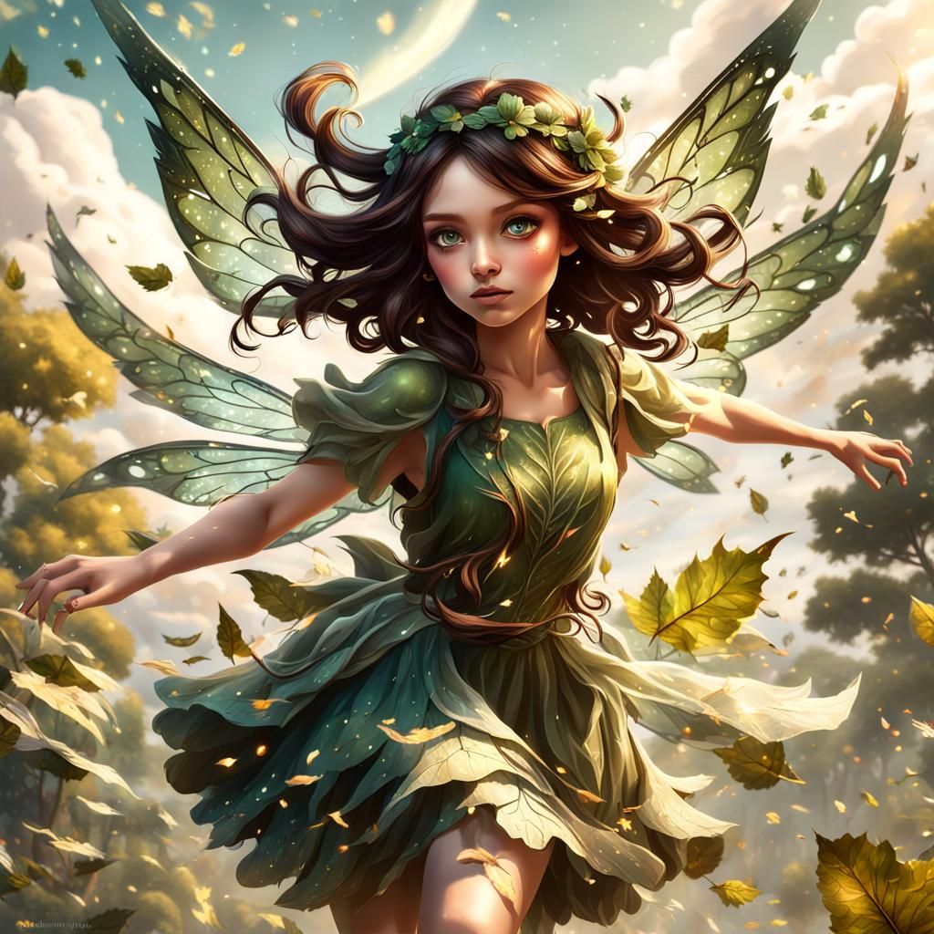 Cute Fairy Girl Flying in Fantasy Landscape
