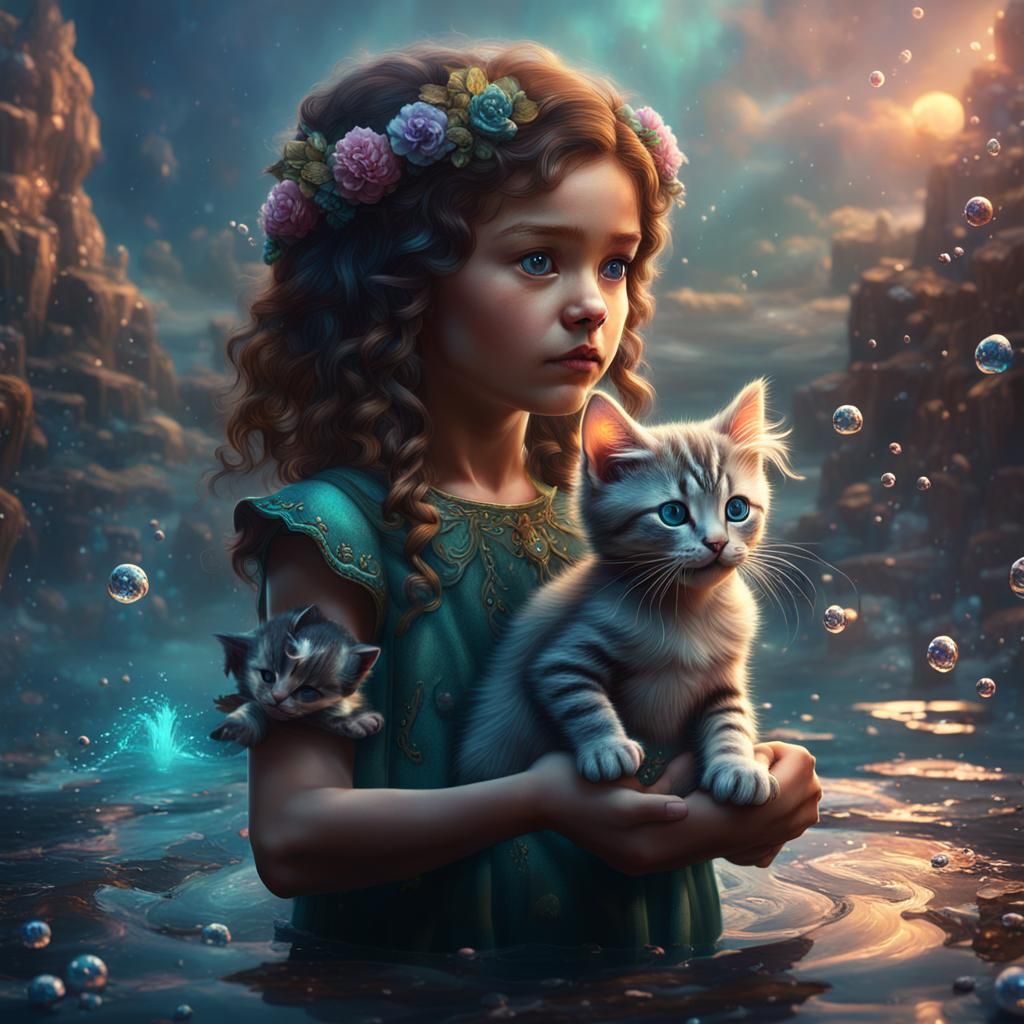 Mermaid Holding Kitten: Detailed Fantasy Art