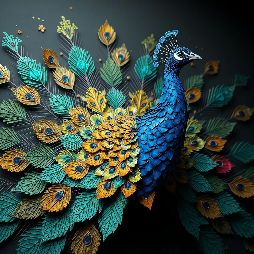 Vibrant Peacock Emerges from Textured Collage in Stunning 8K...