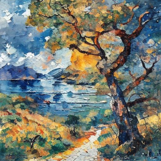 <lora:Watercolor portrait:1.0> <lora:FauvismDS8:1.0> A bright sunrise through a stained glass window looking out on a su...