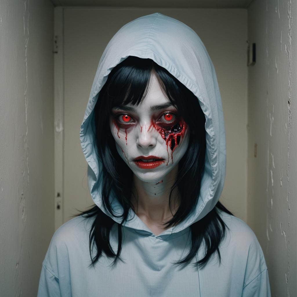 Eerie Blue Girl in Dark Hallway: Cinematic Horror