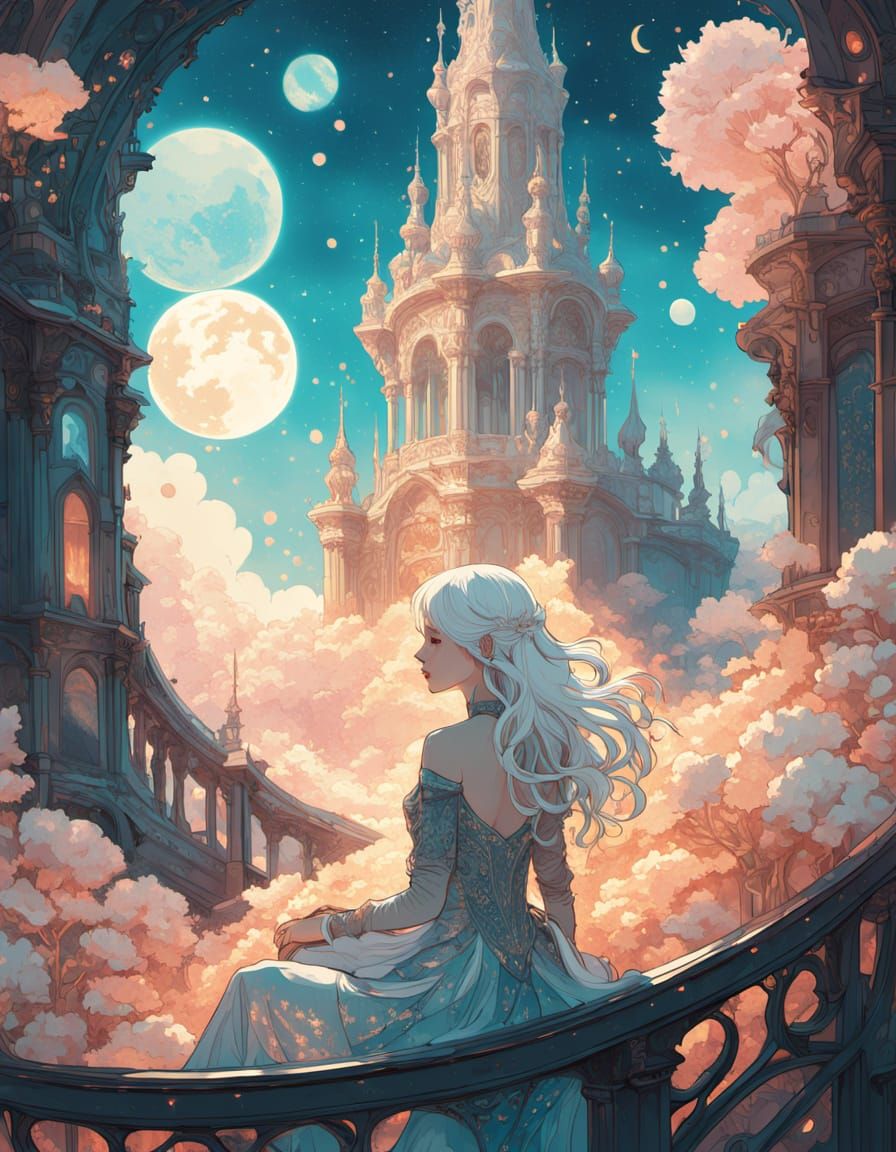 Ethereal Dream Tower with Woman and Giant, Fantasy Art