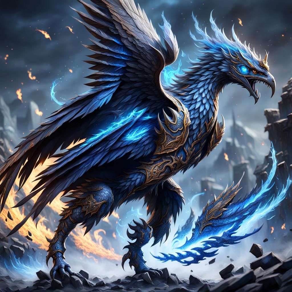 Armored Phoenix Beast with Blue Fire, Fantasy Art