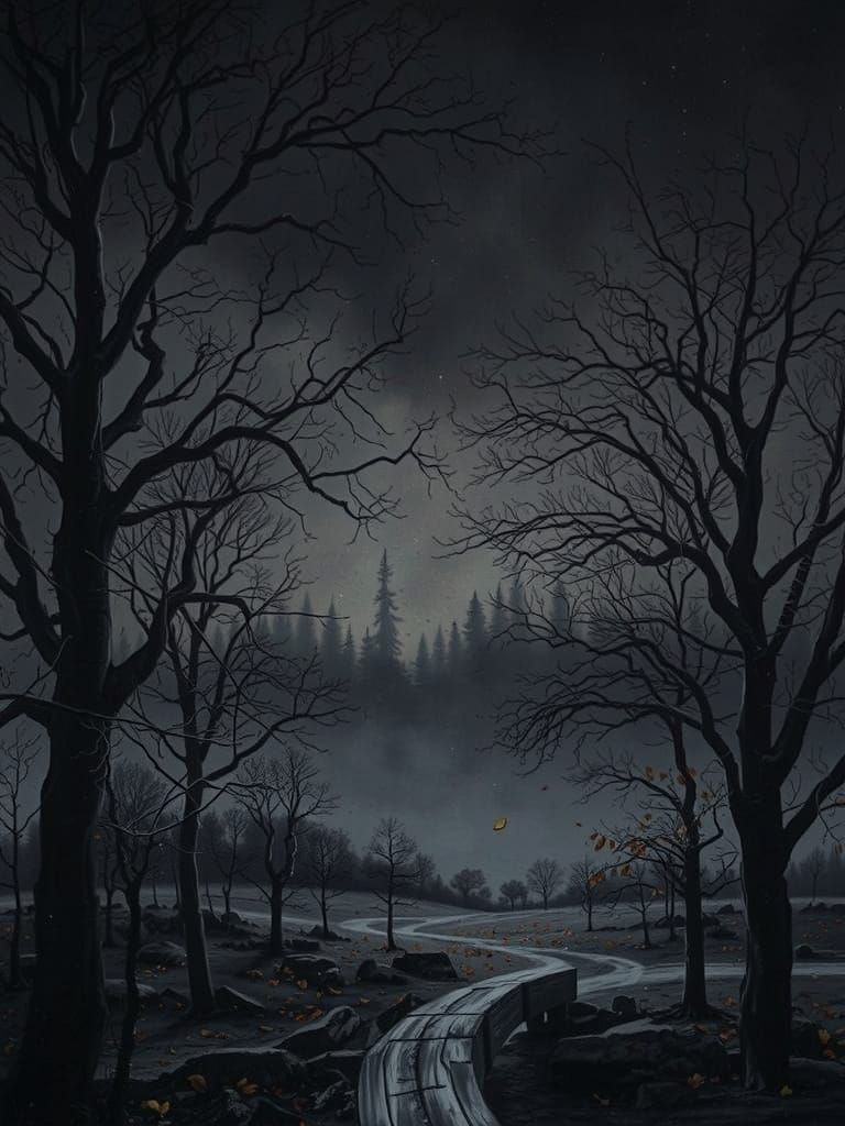 Atmospheric Autumn Forest in Fog Charcoal Drawing