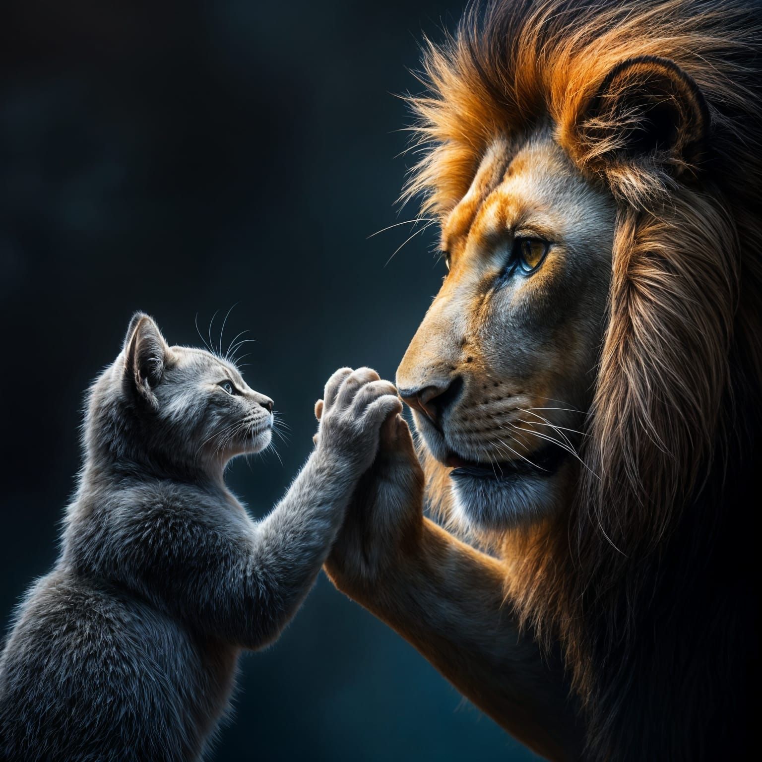 Serious Lion Receives Praise from Adorable Gray Cat in a Fan...