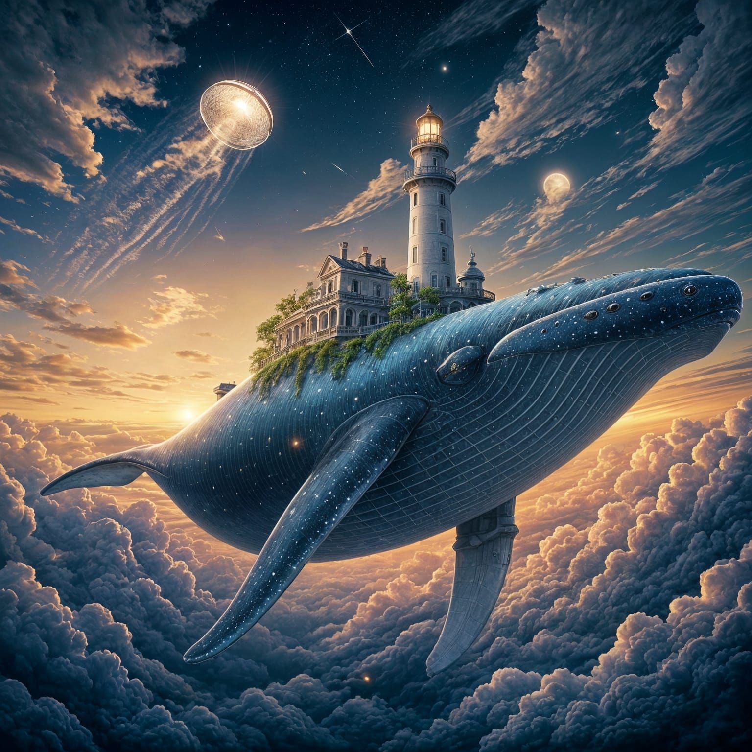 Majestic Sky Whale Lighthouse in Iridescent Clouds