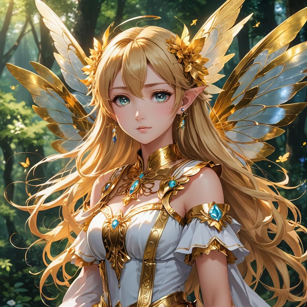 Anime Elf with Golden Hair and Wings