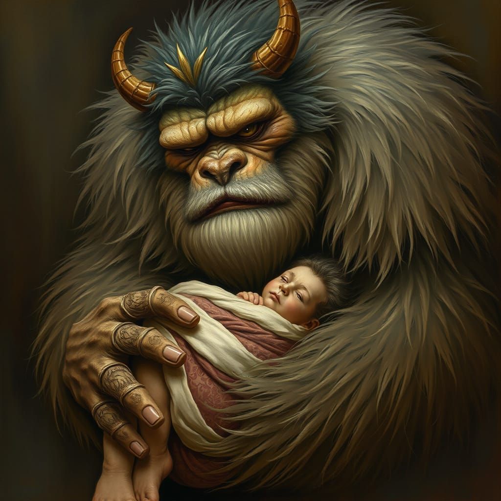 Dragon Cradling Baby in Watercolor Fantasy Style