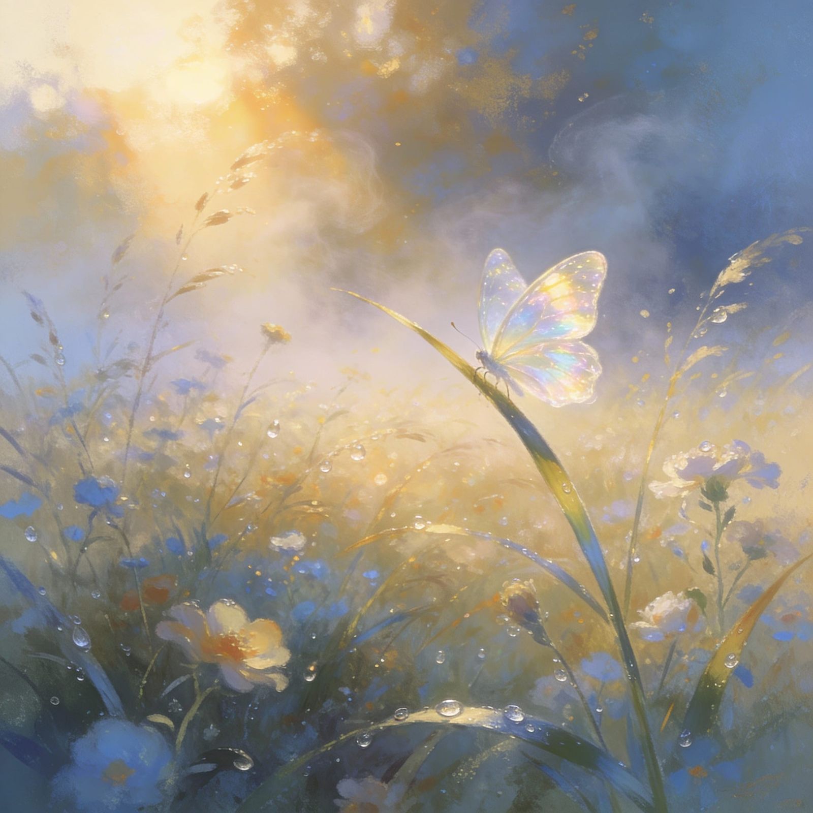 Ethereal Meadow at Dawn with Golden Sunlight and Mist