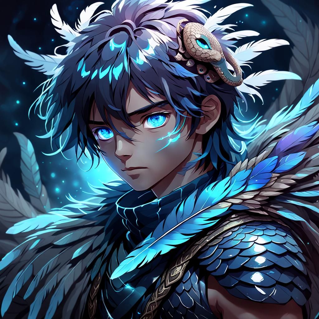 Anime Portrait: Boy with Feathers and Snake Body