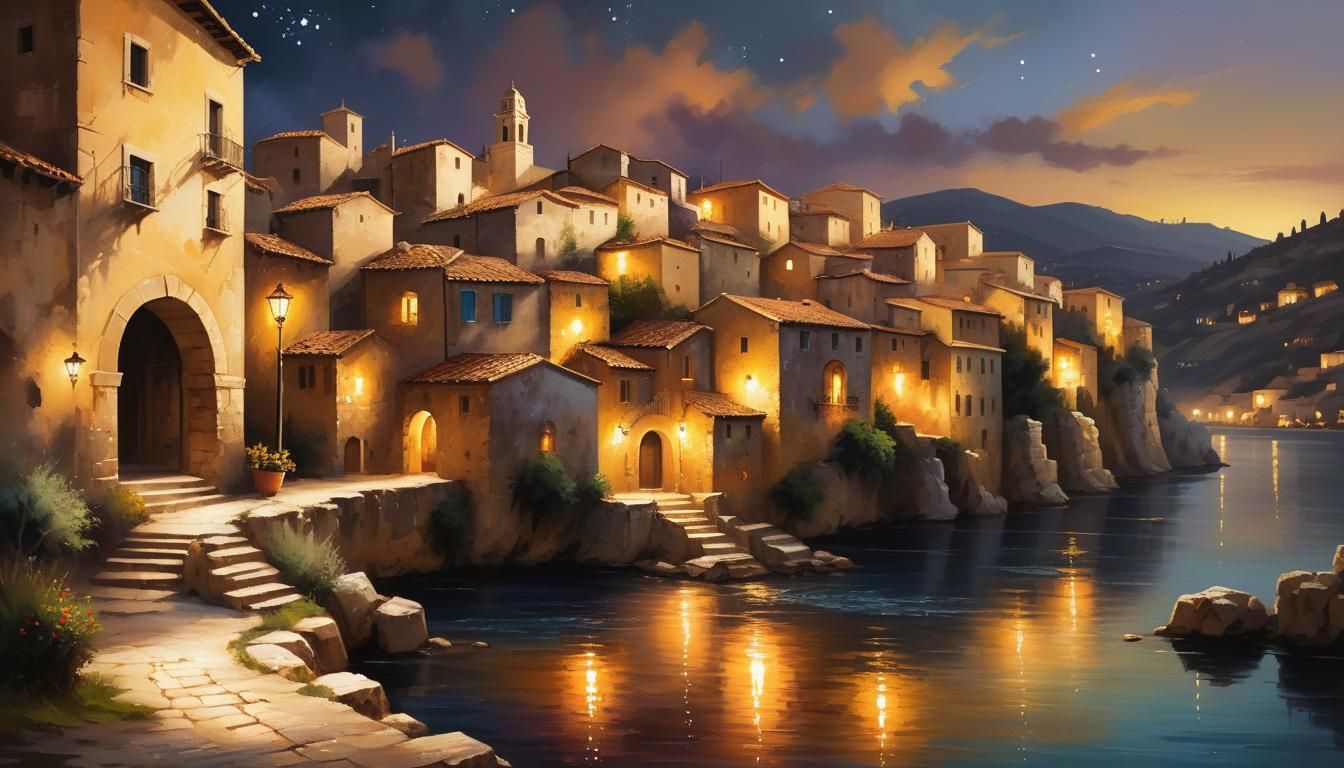 Moonlit Mediterranean Oasis in a Golden Hour Light