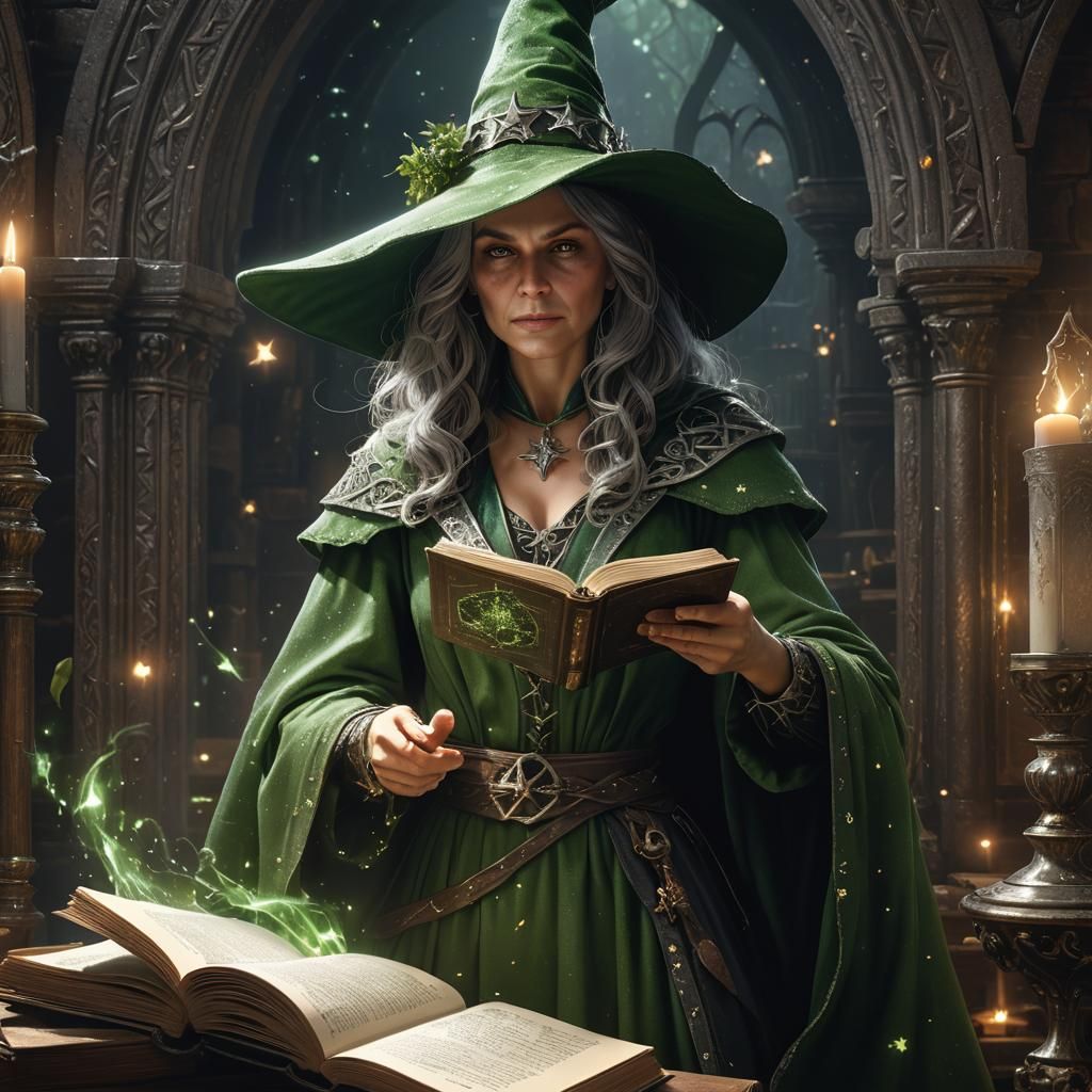 Witch Reading Grimoire: Hyperrealistic Dark Fantasy Portrait