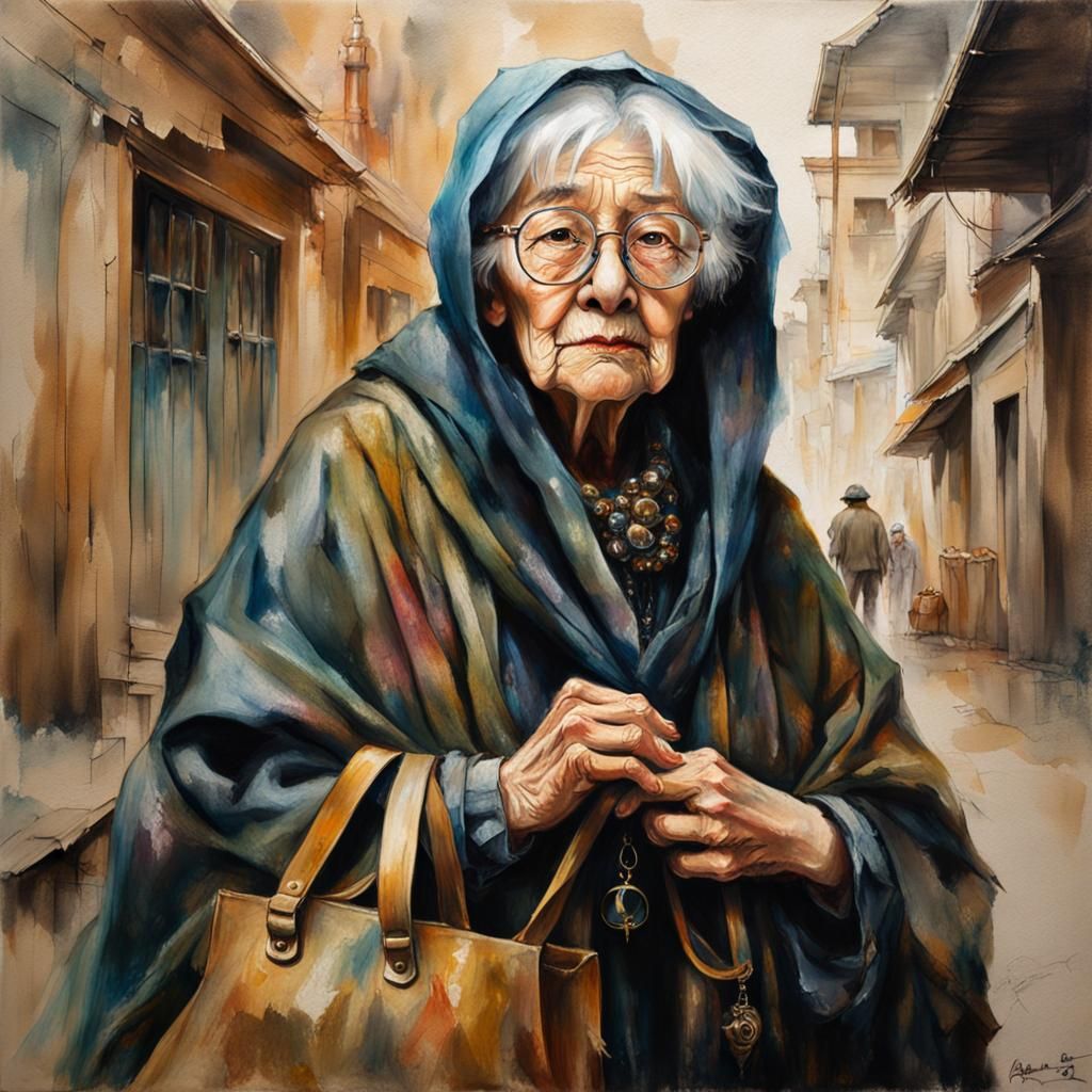 Realist Portrait of an Old Woman with Silk Cloak