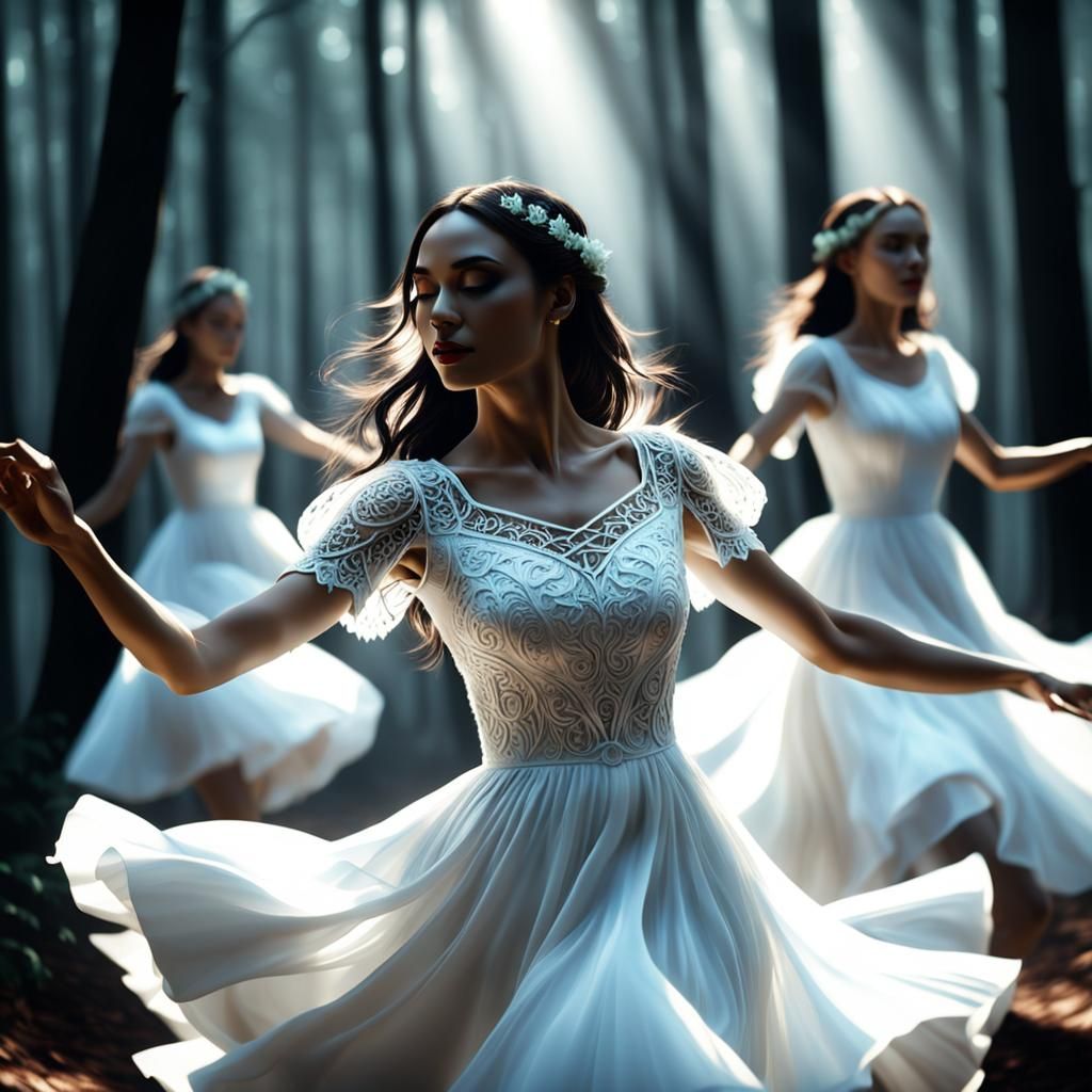 Elegant Women Dancing in Forest with Gothic Lighting