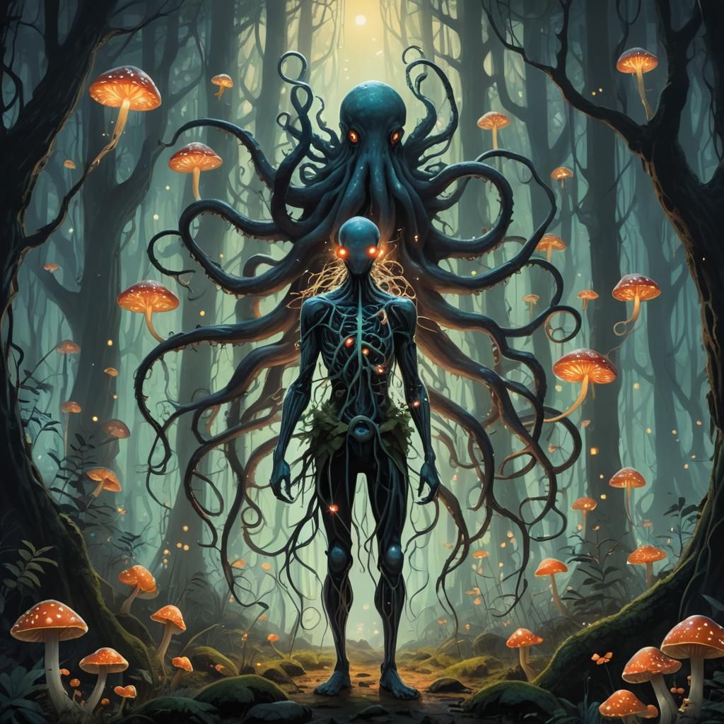 Mystical Ten-Legged Figure in Ethereal Forest