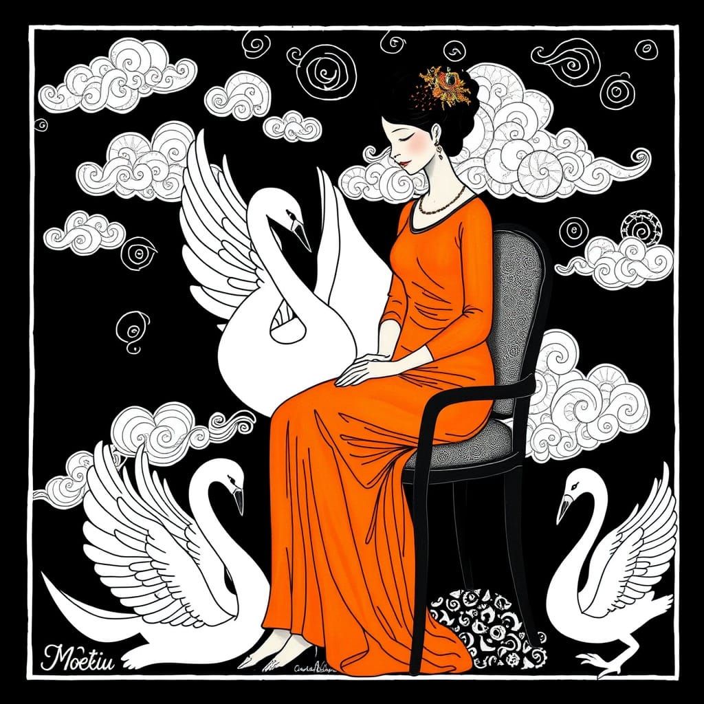 Woman in Vibrant Orange Zentangle-Inspired Art