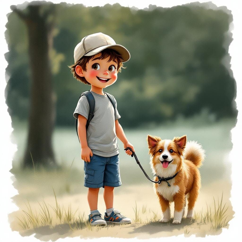 Boy Walking Mini Aussie in Park - Whimsical Sketch Style