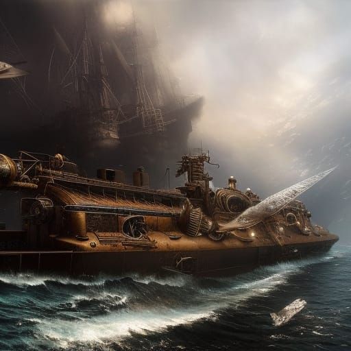 Steampunk Submarine Attacked by Squid, Dark Fantasy Art