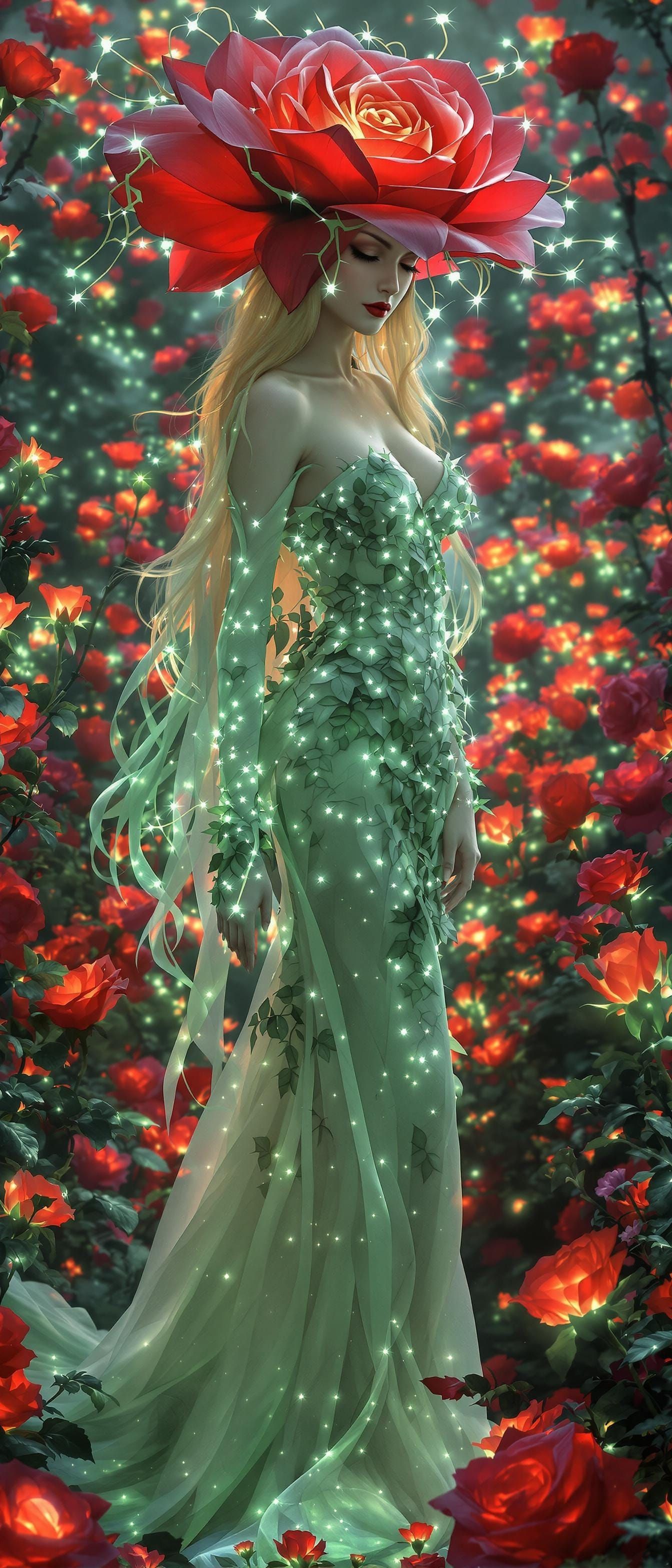 Bioluminescent Rose Goddess in a Thorp Style Garden